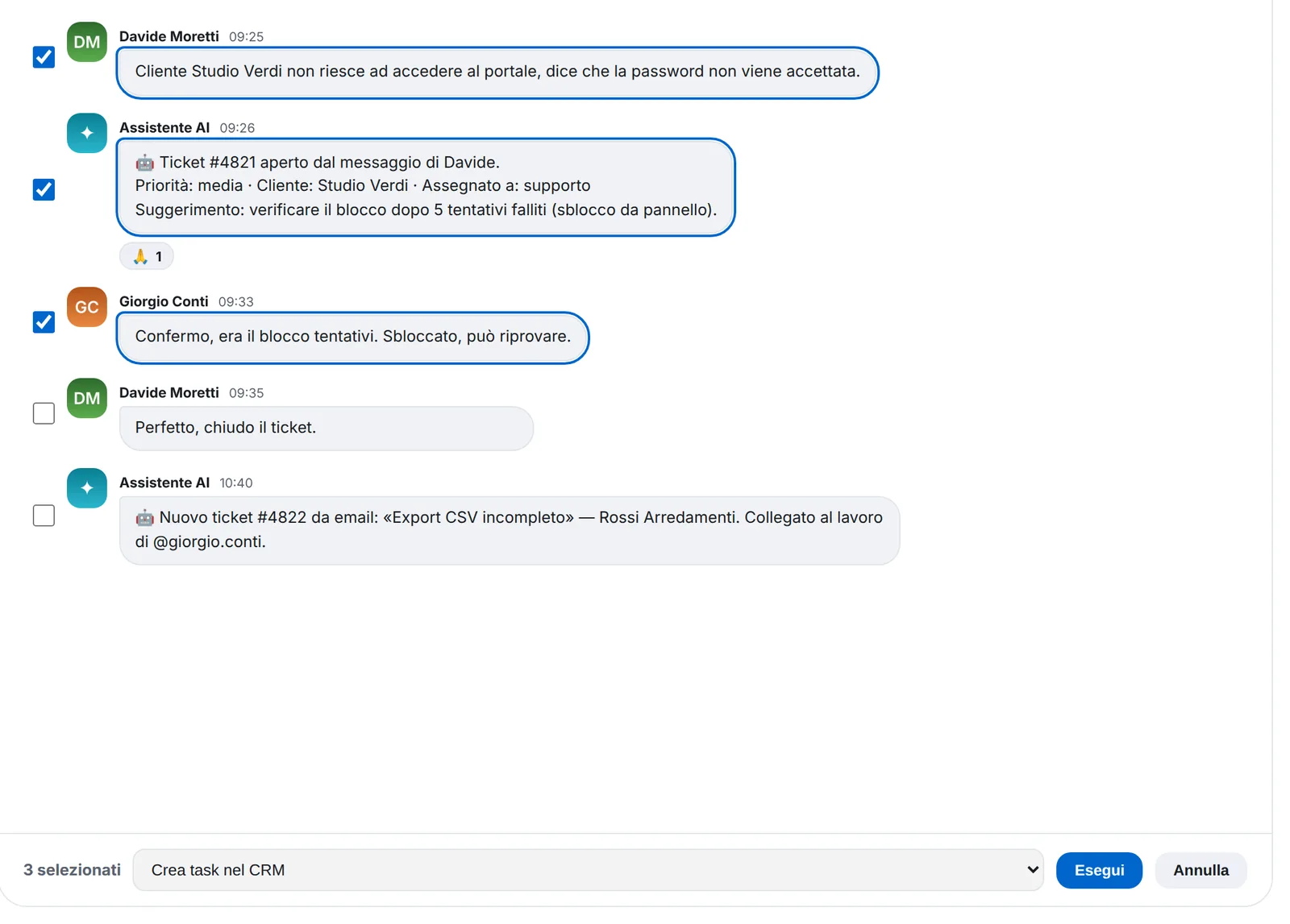 Tre messaggi selezionati nel canale supporto-clienti e l'azione «Crea task nel CRM» pronta da eseguire.