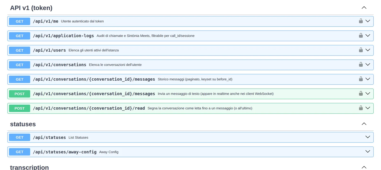 Documentazione Swagger delle API v1: utenti, conversazioni, messaggi.
